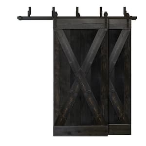 76 in. x 84 in. X Bar Bypass Charcoal Black Stained Solid Pine Wood Interior Double Sliding Barn Door with Hardware Kit
