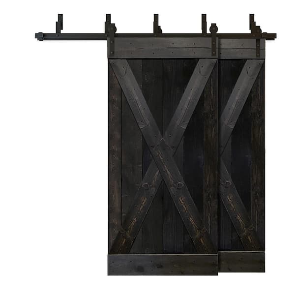 CALHOME 76 in. x 84 in. X Bar Bypass Charcoal Black Stained Solid Pine Wood Interior Double Sliding Barn Door with Hardware Kit