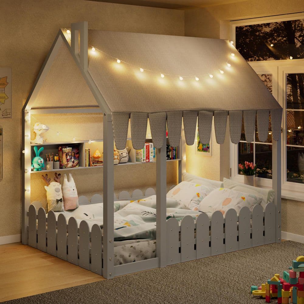 Gray Full Size Kids Bed with Fence Railings price history on PriceWatchPro