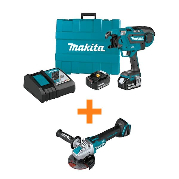 Makita 18V LXT Lithium-Ion Brushless Rebar Tying Tool Kit (5.0 Ah) with 18V LXT 4-1/2 in./5 in. X-LOCK Angle Grinder