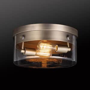 Aaron 13 in. 2-Light Matte Brass Flush Mount with Clear Glass Shade