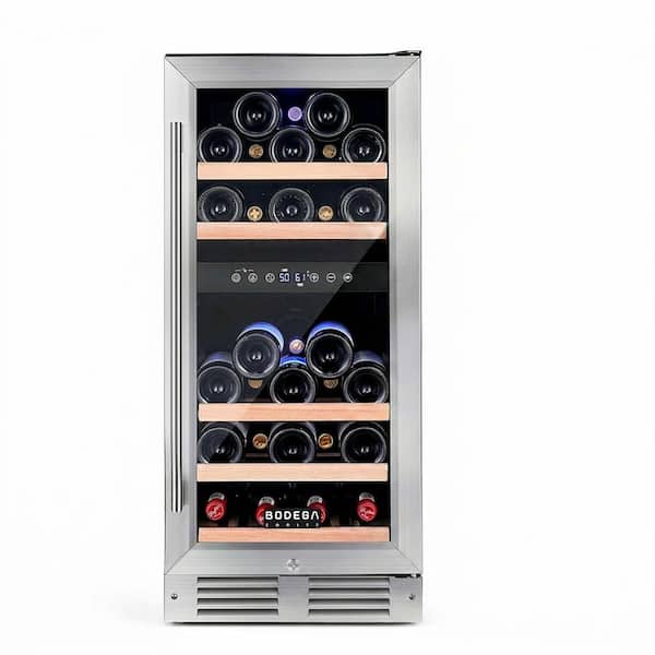 Dual Zone 15 in. 28-Bottle Built-In Wine and 30-Can Beverage Cooler Fridge with Beech Wood Shelves, Stainless Steel
