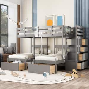Gray Full over Twin & Twin Bunk Bed with Six Drawers and Guardrails
