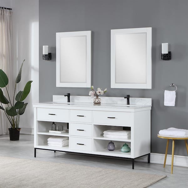 Kesia 72 in. W x 22 in. D x 34 in. H Double Sink Bath Vanity in White with White Composite Stone Top and Mirror