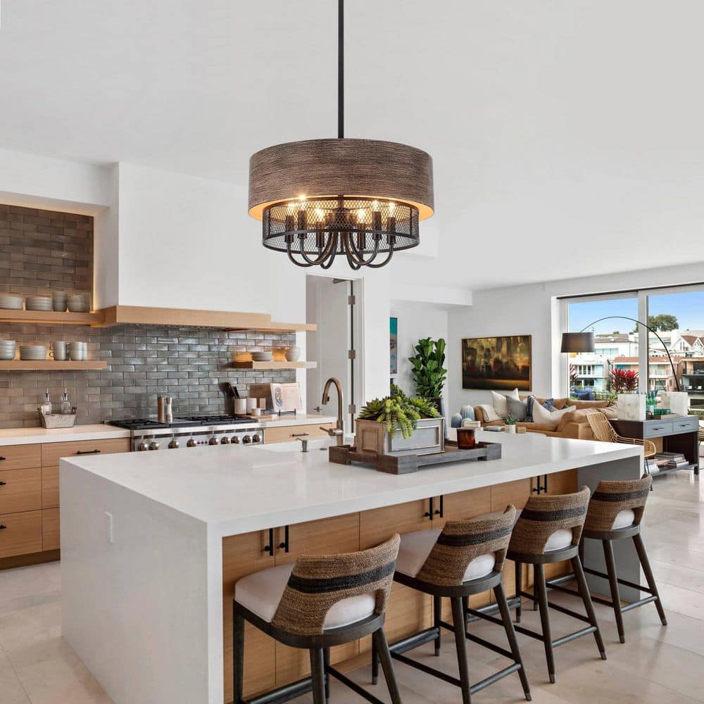 6 light 2 Tiered Brown Drum Farmhouse Chandelier w/Metal&Wire Mesh Shade for Kitchen Island w/No Bulbs Included price history on PriceWatchPro