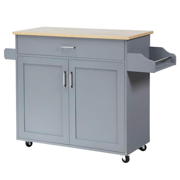 Bunpeony Gray Wood 45.5 in. Kitchen Island with Towel and Spice Rack