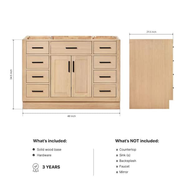 Hepburn 48 in. Freestanding Bathroom Vanity Cabinet without Top in Oak (Assembled)
