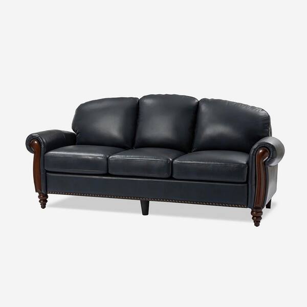 JAYDEN CREATION Edmund 84 in. Rolled Arm Genuine Leather Rectangle Carved Solid Wood Legs Sofa in. Navy