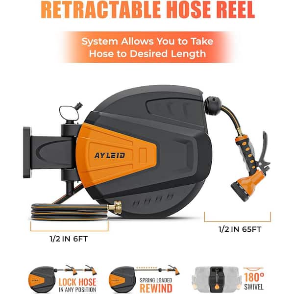 1/2 in. Dia x 130 ft. Retractable Garden Hose Reel with 9 Function Sprayer Nozzle, Wall Mounted and 180-Degree Swivel