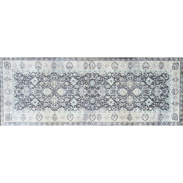 2 ft. x 6 ft. Gray Oriental Washable With UV Protection Area Rug