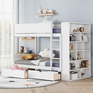 White Twin over Twin Wood Bunk Bed with Multi-Layer Cabinet, 2-Drawer