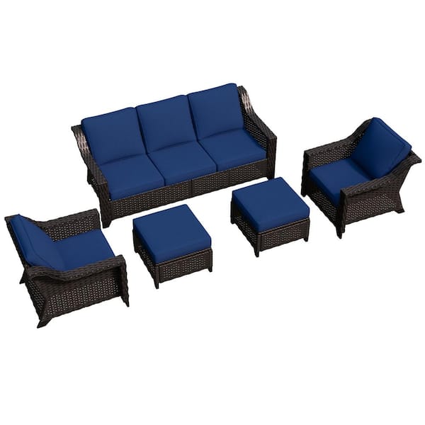 Patio Sofa Set 5-Piece Outdoor Conversation Set with Blue Cushions, 2 Ottomans
