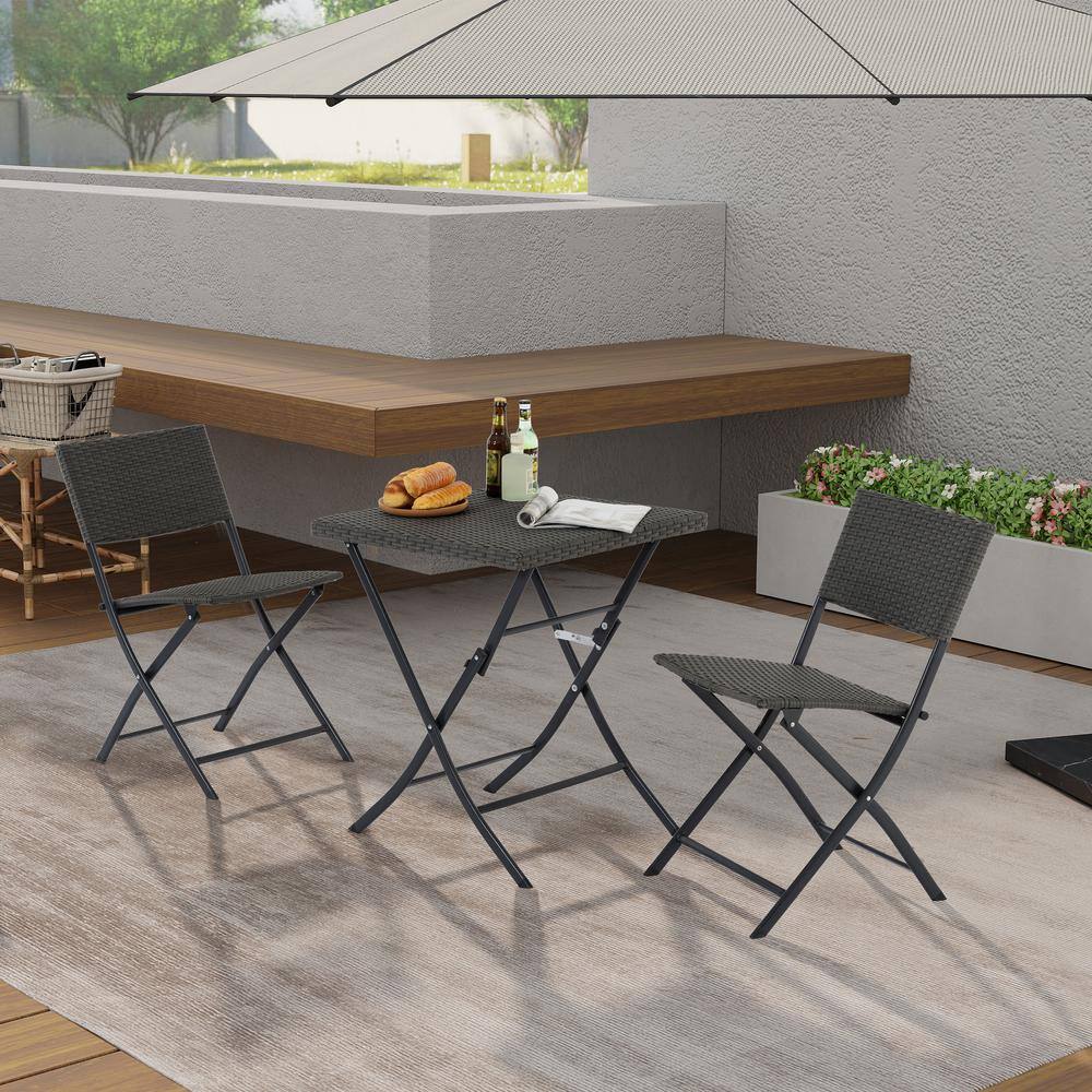 Gray 3-Piece Wicker Outdoor Bistro Set, Foldable Outdoor Patio Furniture Se