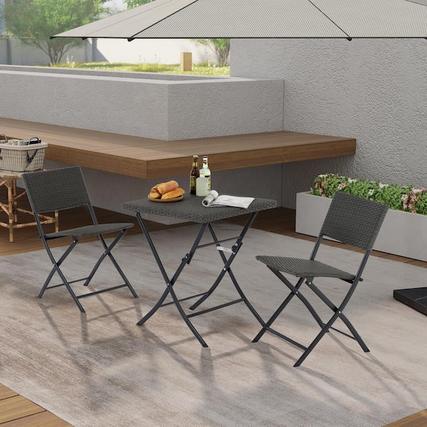 Unbranded Gray 3-Piece Wicker Outdoor Bistro Set, Foldable Outdoor Patio Furniture Sets, All Weather Rattan Style