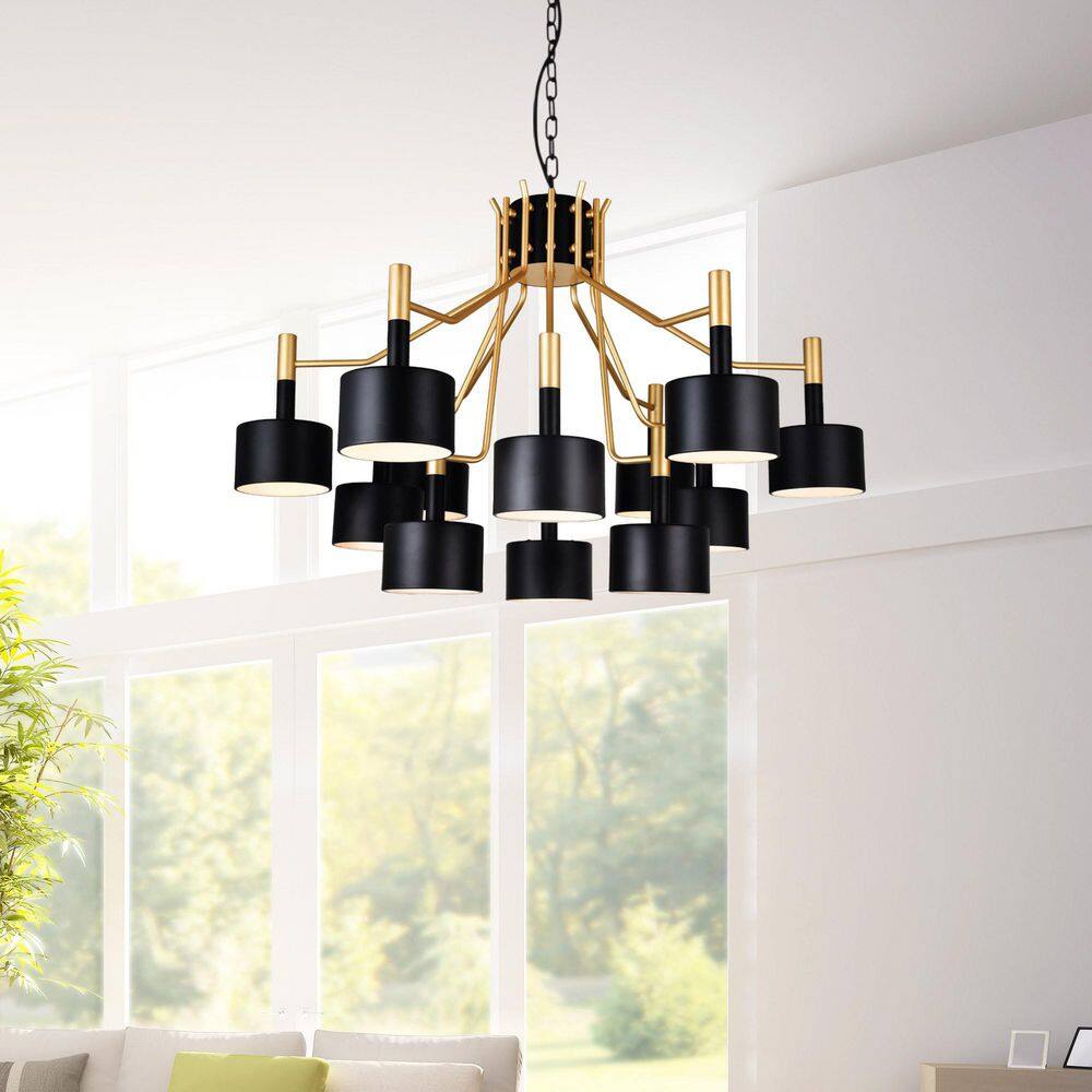 Matte Black and Satin Gold 12-Light Metal Chandelier