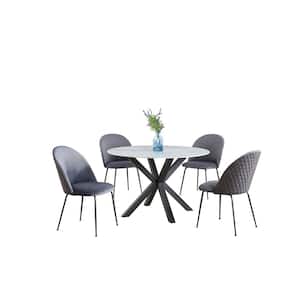 Martina 5-Piece White Round Marble Wrap Glass Top Iron Metal Frame Dining Set with 4 Dark Grey Velvet Fabric Chairs