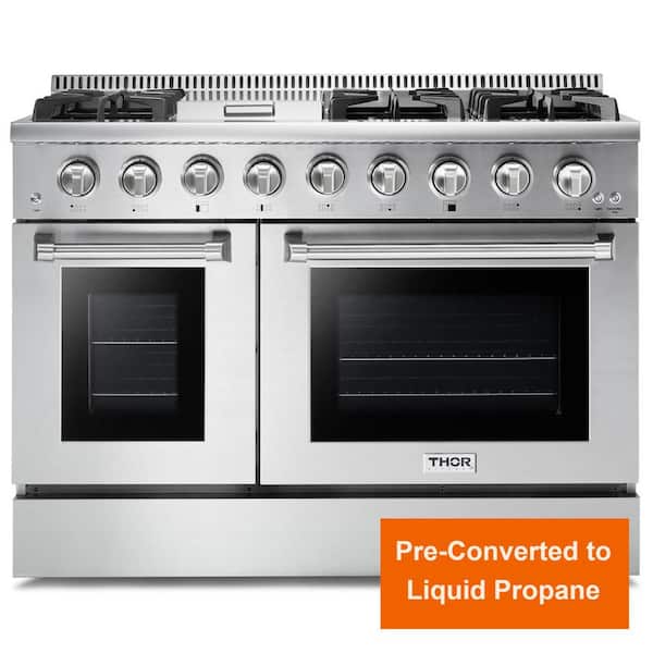 Thor Kitchen Pre-Converted Propane 48 in. 6.7 cu. ft. Double Oven Gas Fuel Range with Convection Oven in Stainless Steel