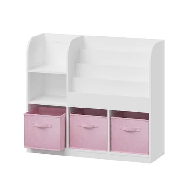11.81 in. W x 36.22 in. D x 31.50 in. H MultiColored MDF Freestanding Linen Cabinet with 3-Fabric Drawers in White/Pink