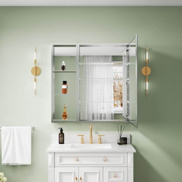 36 in. W x 36 in. H Square Recessed/Surface Mount Chrome Aluminum Medicine Cabinet with Mirror, Blum Hinges