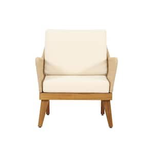 Outdoor Acacia Wood Club Chair for Backyard Patio Garden with Beige Cushion