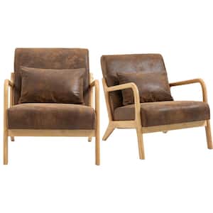 Set of 2, Mid Century Modern Arm Chair with Wood Frame, Upholstered Living Room Chairs with Waist Cushion - Brown