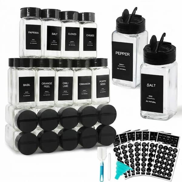 Square Glass Spice Jars Black Lid Set Kitchen Organizer Containers 24 Pieces with 398 Labels Funnel Brush Marker