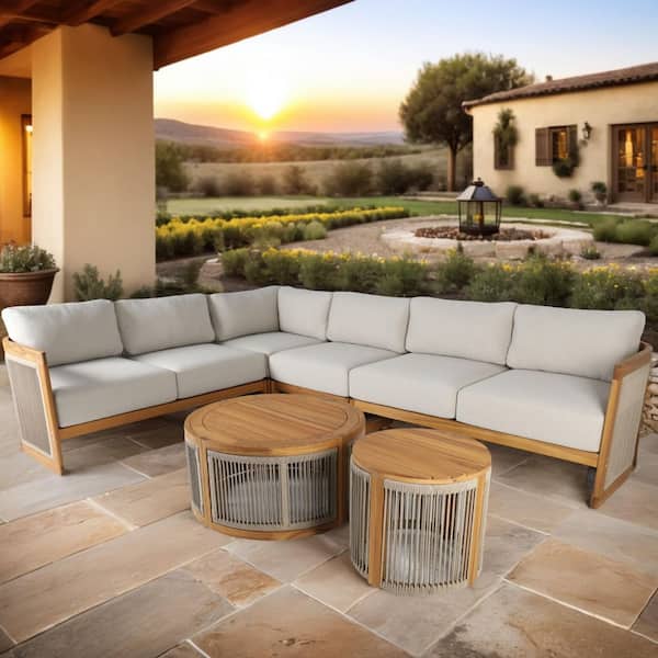 Guzal 6-Piece Acacia Wood Patio Outdoor Sectional Conversation Set with Cream Cushions
