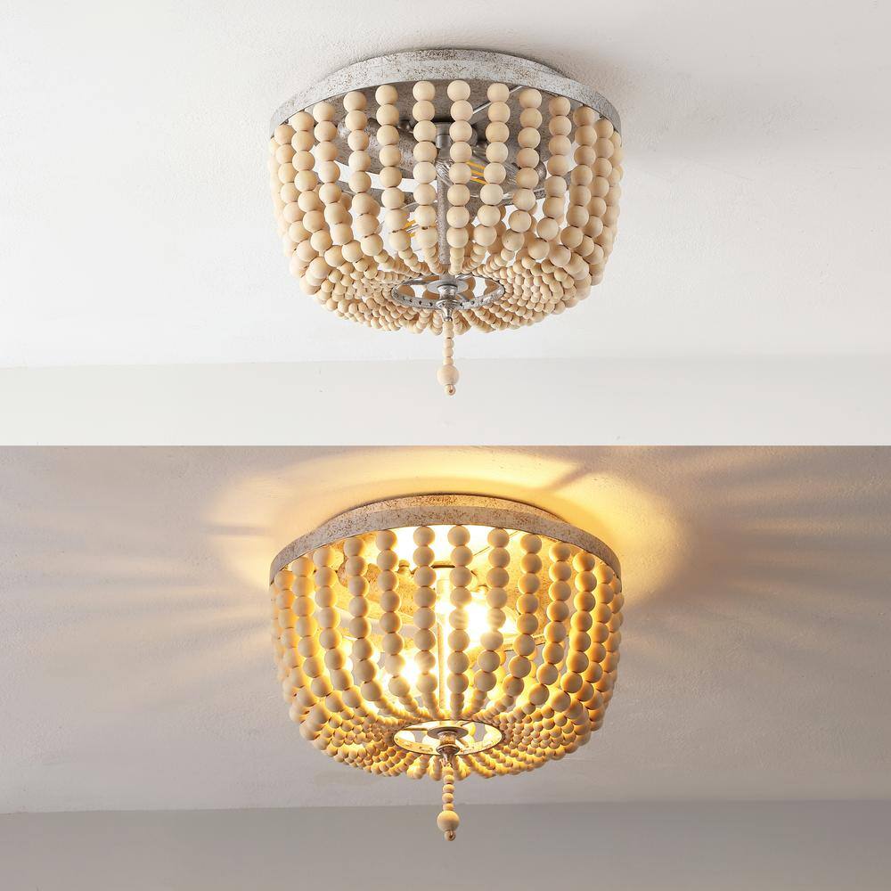 Antique Silver and Cream Wood Beaded Farmhouse Flush Mount Light