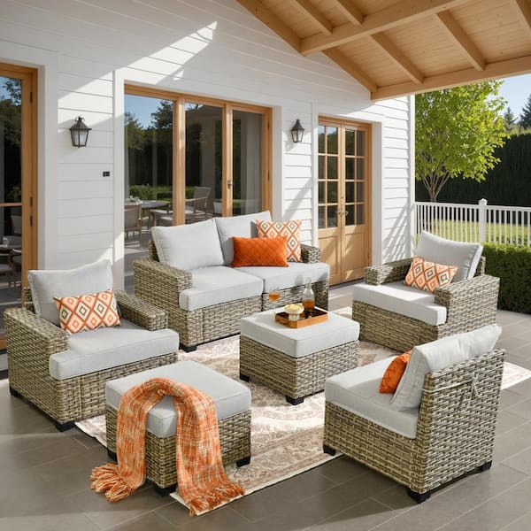 HOOOWOOO Kelleys 7-Piece Wicker Modern Outdoor Patio Conversation Sofa Seating Set with Light Grey Cushions