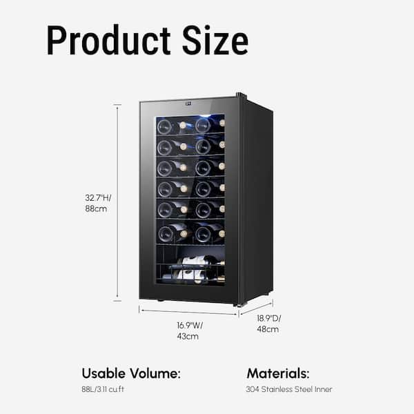 Single Zone 28-Bottle Freestanding Wine Cooler Fridge Cellar Cooling Unit in Stainless Steel Low-Vibration Compressor