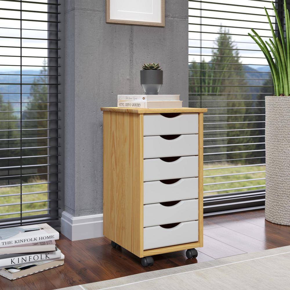 Natural and White Solid Wood 6-Drawer Rolling Storage Cart
