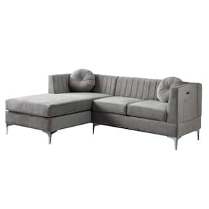 85.5 in. W Velvet Sectional Sofa Chaise with USB Charging Port in Gray