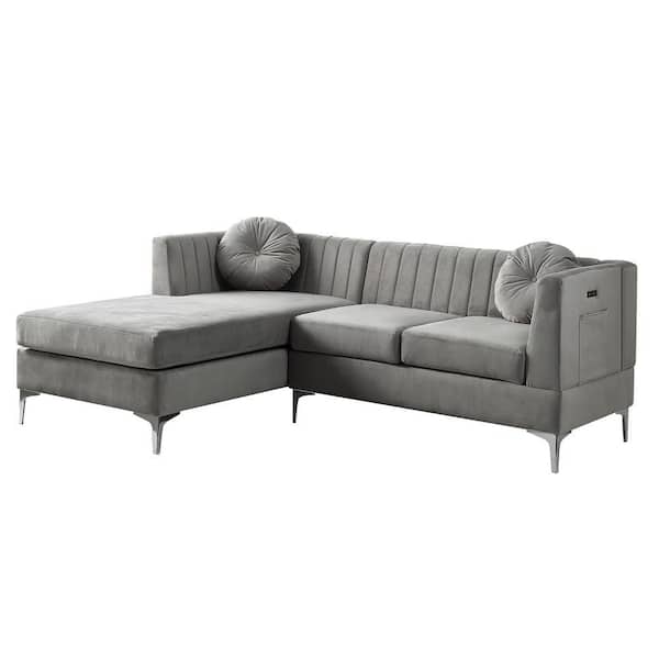 SIMPLE RELAX 85.5 in. W Velvet Sectional Sofa Chaise with USB Charging Port in Gray