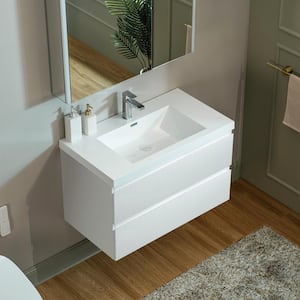 NJ 35.4 in. W x 19.6 in. D x 22.5 in. H Single Sink Floating Bath LED Vanity in White with White Resin Top