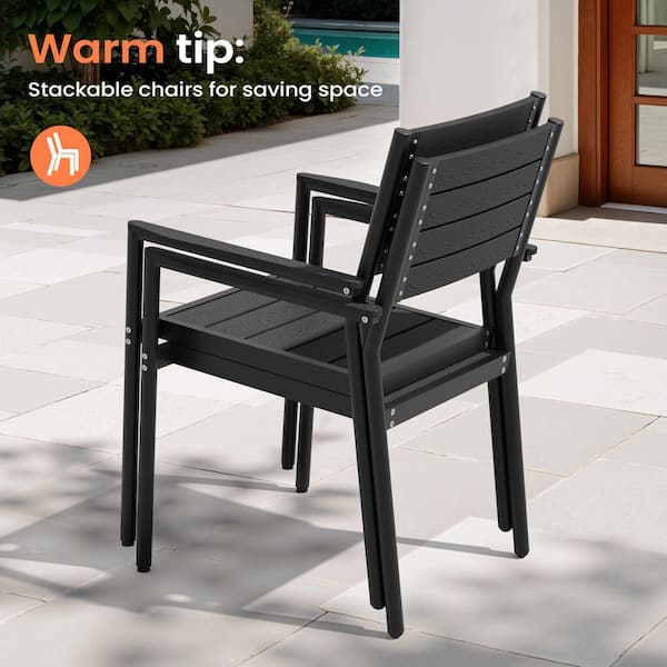 Aluminum Frame Stackable Patio Outdoor Dining Chairs with Wood Plastic Composite Panels, Black (Set of 2)
