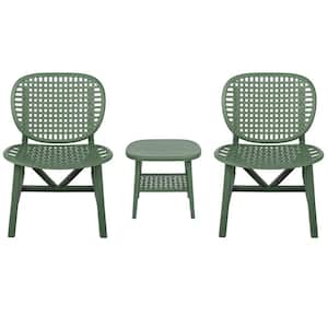 Green 3-Piece Hollow Design Plastic Patio Conversation Bistro Set with Open Shelf and Lounge Chairs with Widened Seat