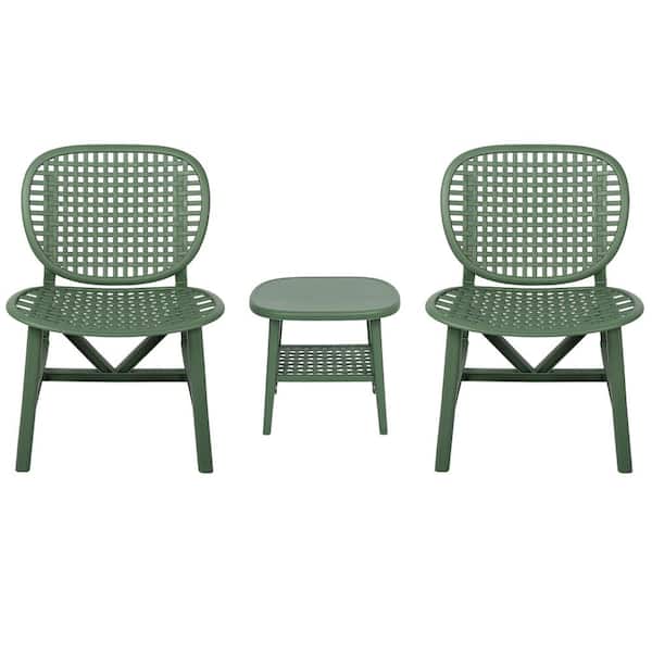 Zeus & Ruta Green 3-Piece Hollow Design Plastic Patio Conversation Bistro Set with Open Shelf and Lounge Chairs with Widened Seat