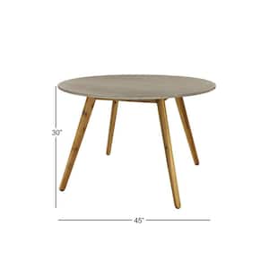 Gray Round Wood Outdoor Dining Table with Concrete Inspired Top and Slender Tapered Legs