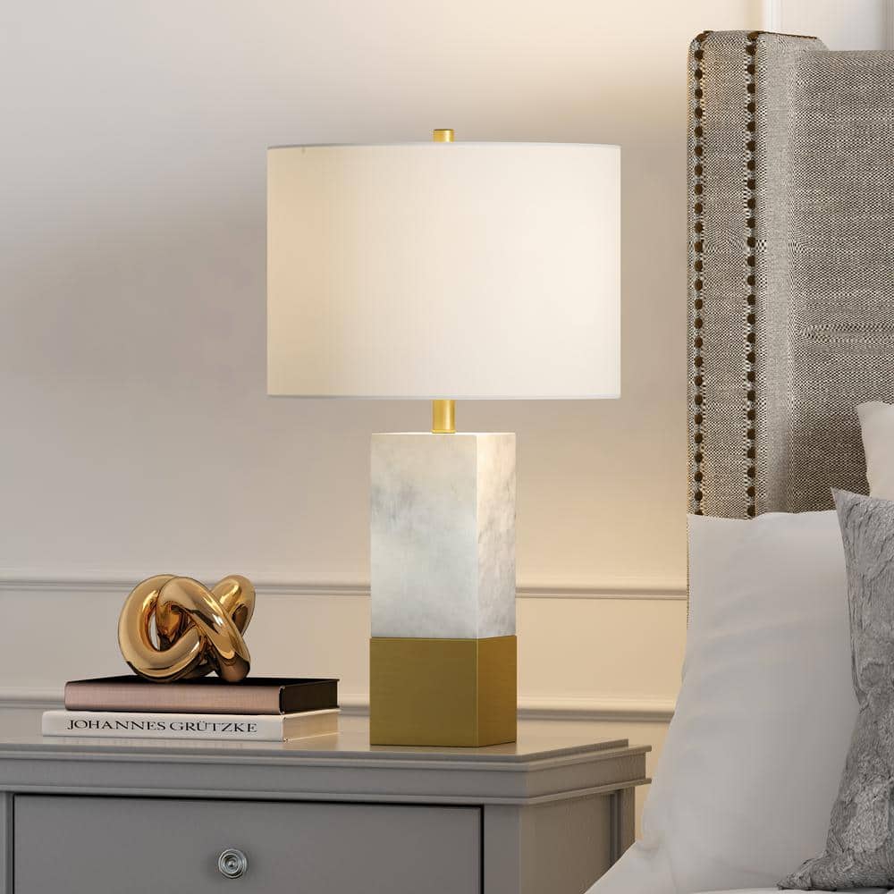 Lena 21.5" White Marble & Brass Table Lamp with French Drum Shade