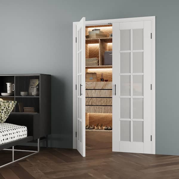 48 in. x 80 in. 10-Lite Frosted Glass Universal Solid Coreglass Double Prehung French Door + Separate Jamb Ball Catch