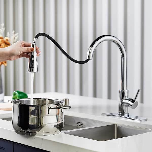FORIOUS Single-Spring Handle Kitchen Faucet with Pull Down Function Sprayer  Kitchen Sink Faucet with Deck Plate in Black Chrome HH0024BCH - The Home  Depot
