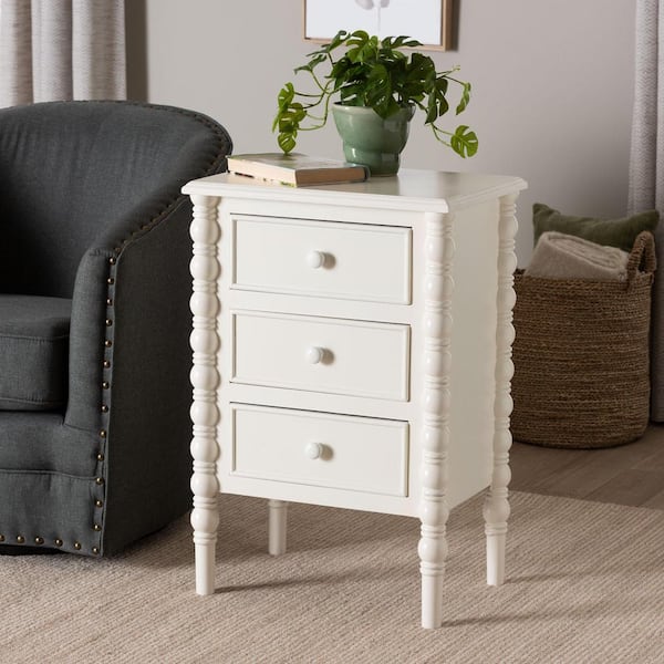 Malinda 18.9 in. White Rectangle Wood End Table with 3-Drawers