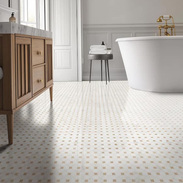 Bianco Dolomite Crema Dotty 13 in. x 13 in. x 0.38 in. Polished Marble Mesh-Mounted Mosaic Tile (10.7 sq. ft. /case)