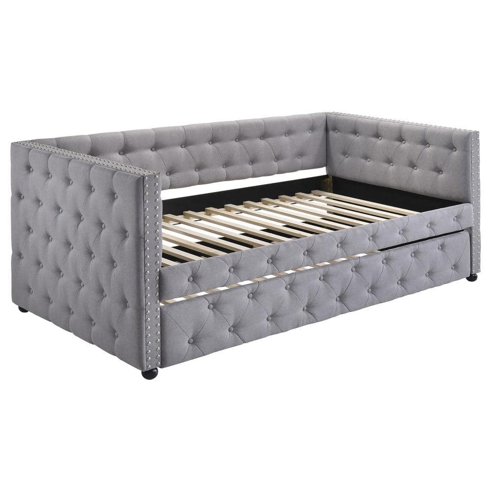 Gray Linen Twin Daybed with Tufted Upholstery and Drawer