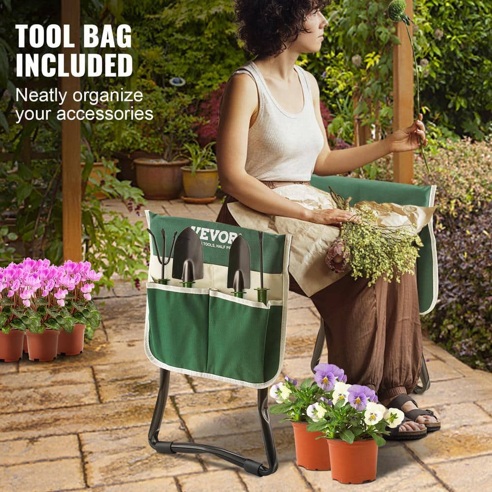 Green and Black Foldable Garden Kneeler and Seat with Tool Bag