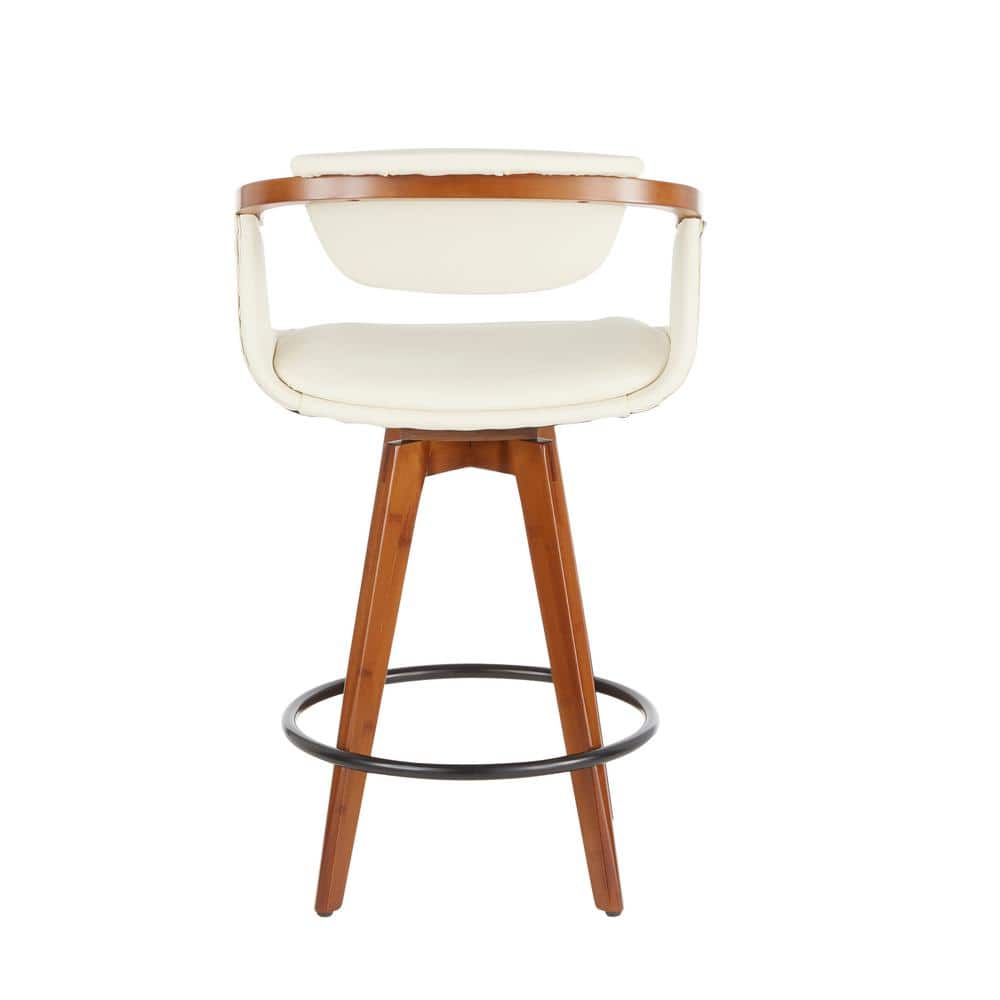 Mid-Century Modern Cream Swivel Counter Stool with Walnut Wood Frame