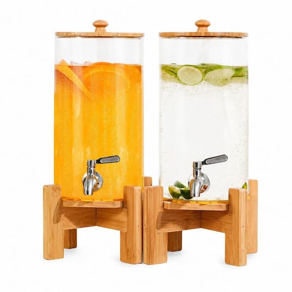 2-Pack 1.1 gal. Borosilicate Glass Beverage Dispenser with Wood Stand Stainless Spigot Wide Mouth Drink