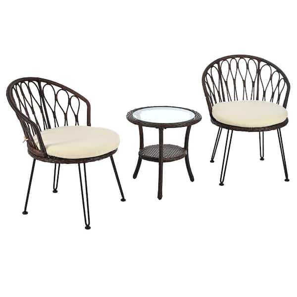 Sudzendf 3-Piece Brown Metal Patio Conversation Set, Outdoor Leisure Set with Beige Cushions and Glass Round Table