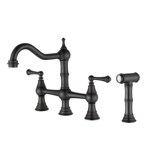 FORCLOVER Double Handles Deck Mount Bridge Kitchen Faucet with Pull-Out Side Spray in Oil Rubbed Bronze in Spot