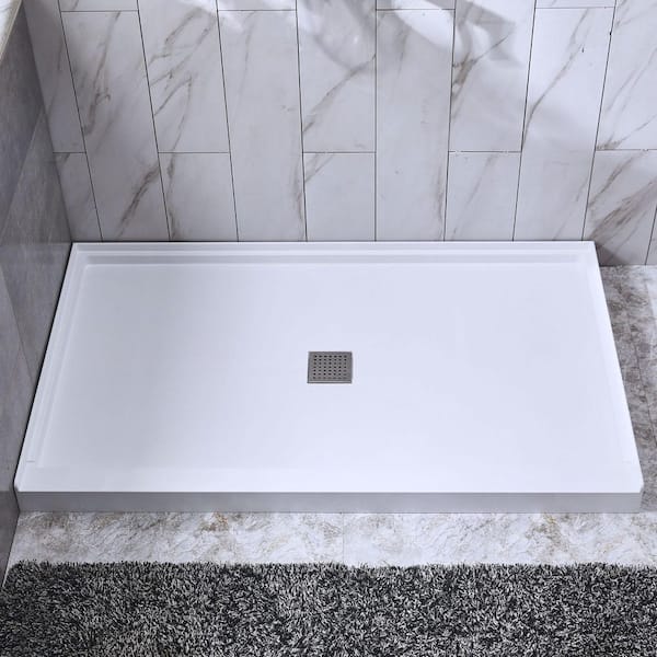 WOODBRIDGE Krasik 48 in. L x 32 in. W Alcove Solid Surface Shower Pan Base with Center Drain in White with Brushed Nickel Cover